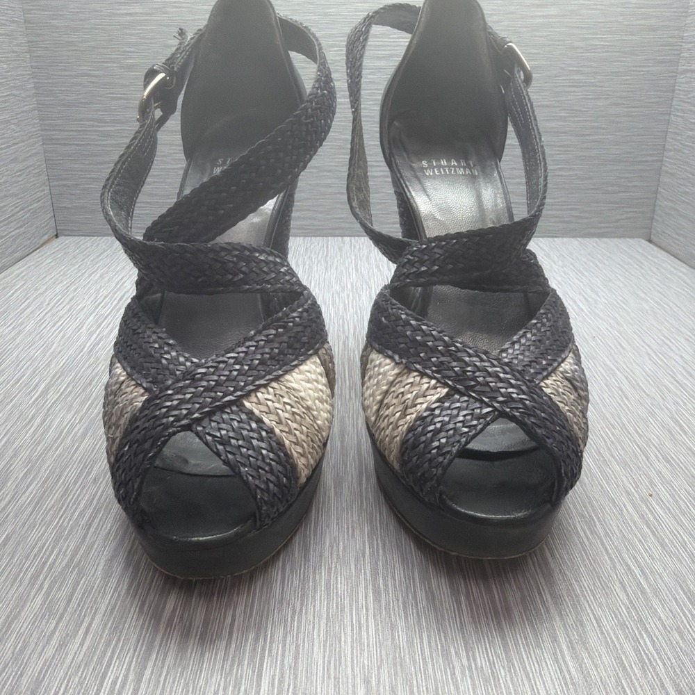 Stuart Weitzman Platform Sandal Heels Black Metallic Snakeskin Women 7M